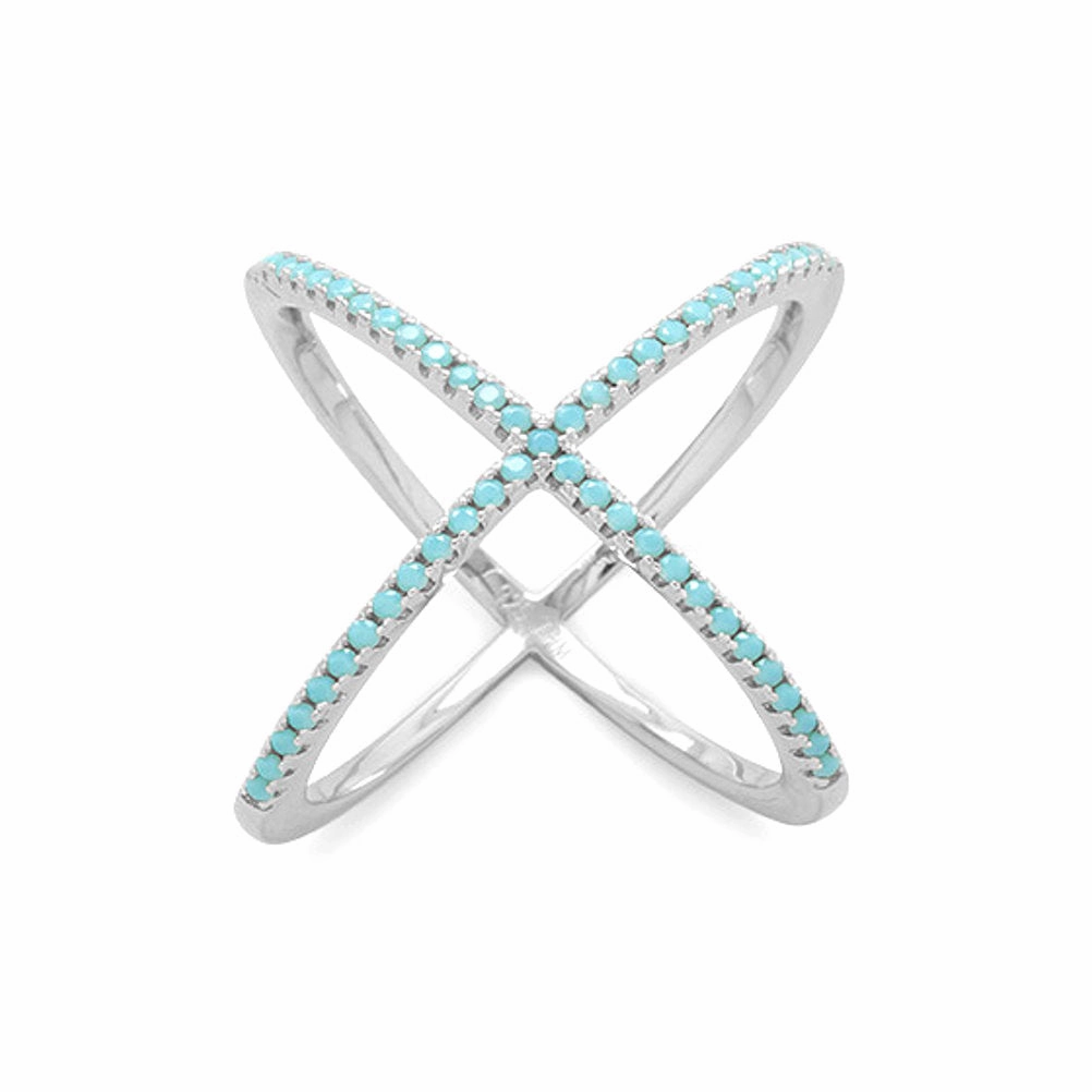 X Ring Criss Cross with Blue Cubic Zirconia Rhodium-plated Sterling Silver Perfect Gift Medieval Design