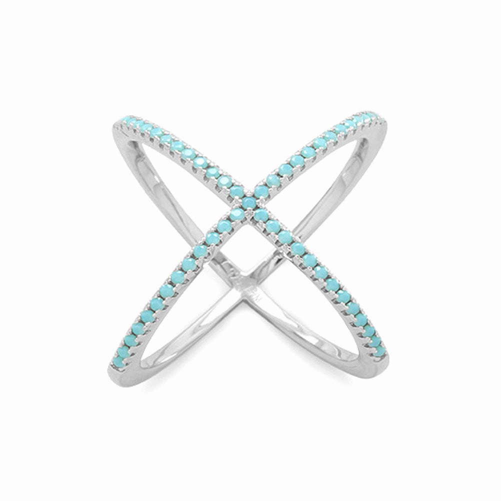 X Ring Criss Cross with Blue Cubic Zirconia Rhodium-plated Sterling Silver Low-Cost Item