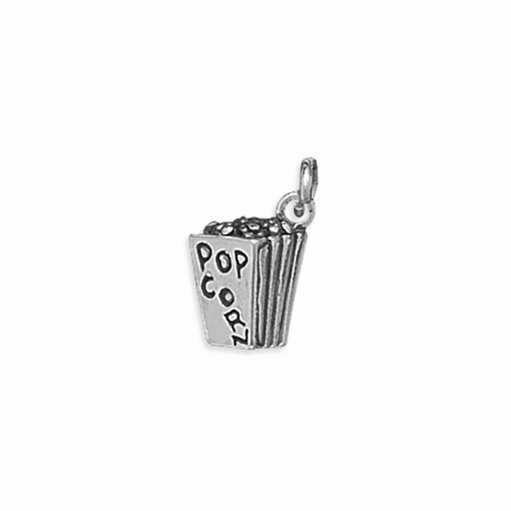Movie Theatre Popcorn Box Charm 3-D Sterling Silver Sparkle Ready Elegant Fit