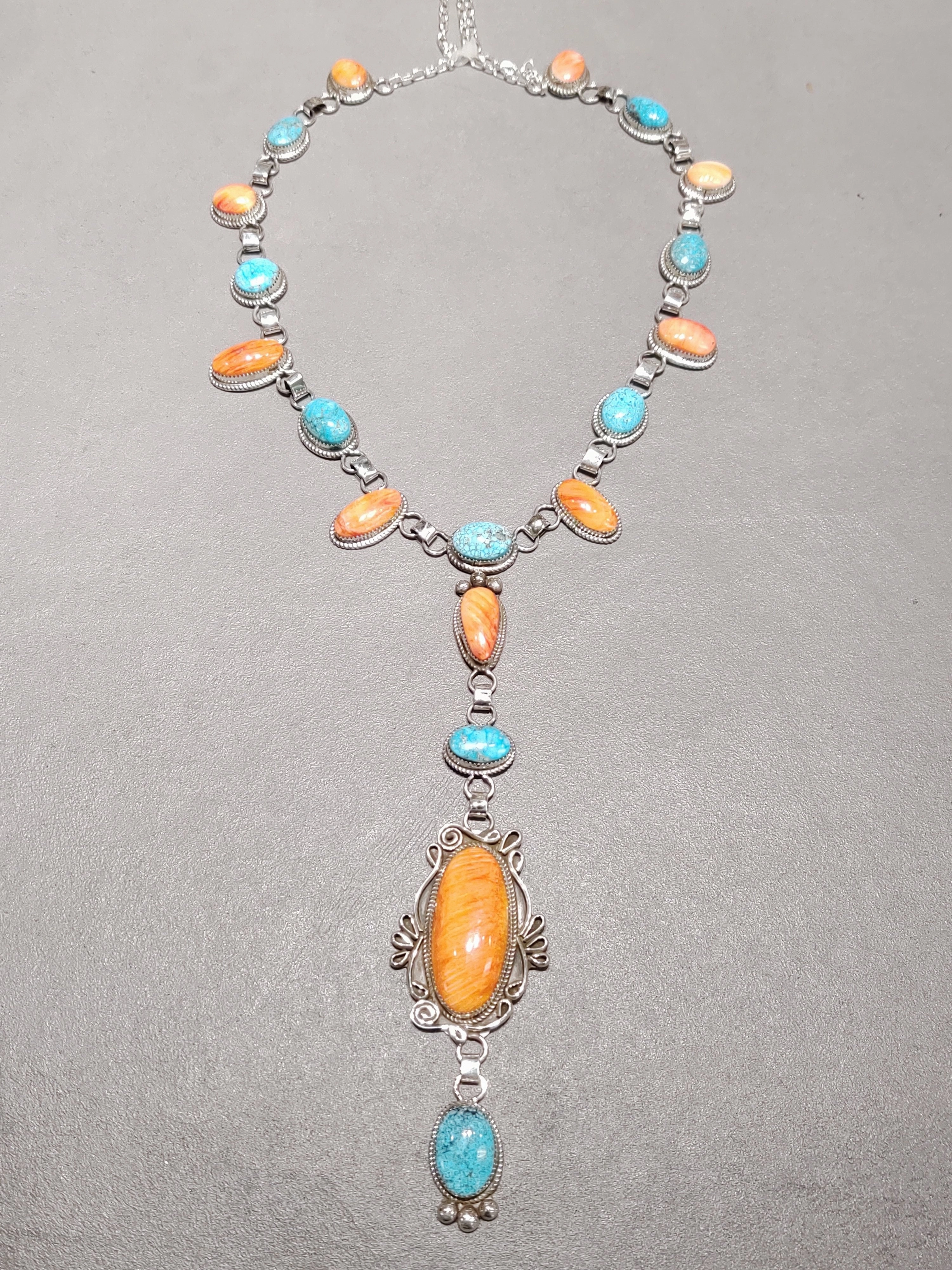 Impeccable Detail Ray Nez Navajo Turquoise Spiny Oyster Sterling Silver Lariat Handmade Native American