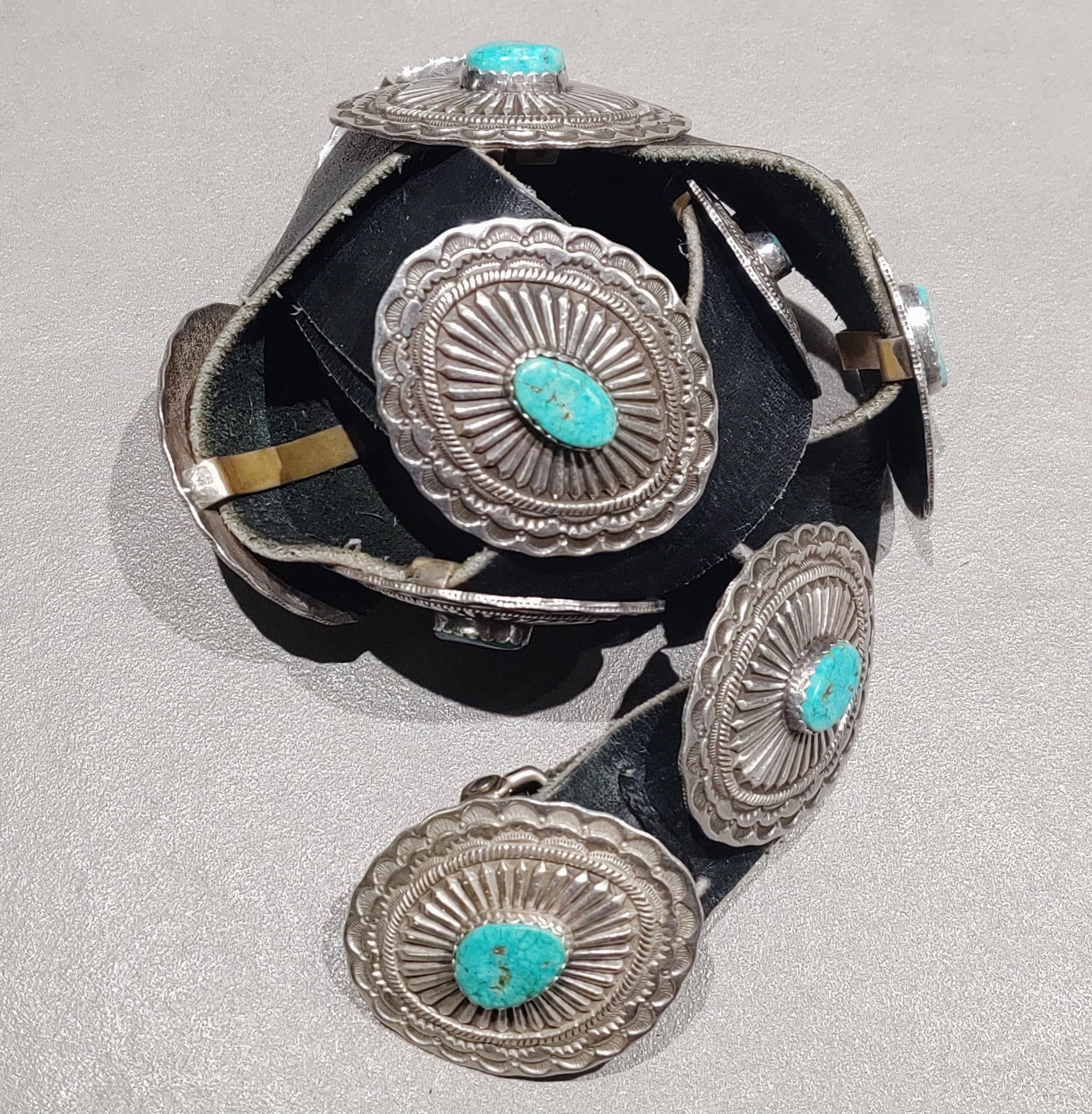 Sterling Turquoise Concho Belt - Cracked - Handmade Native American Stylish Contour Subtle Finish