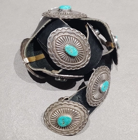 Sterling Turquoise Concho Belt - Cracked - Handmade Native American Stylish Contour Subtle Finish