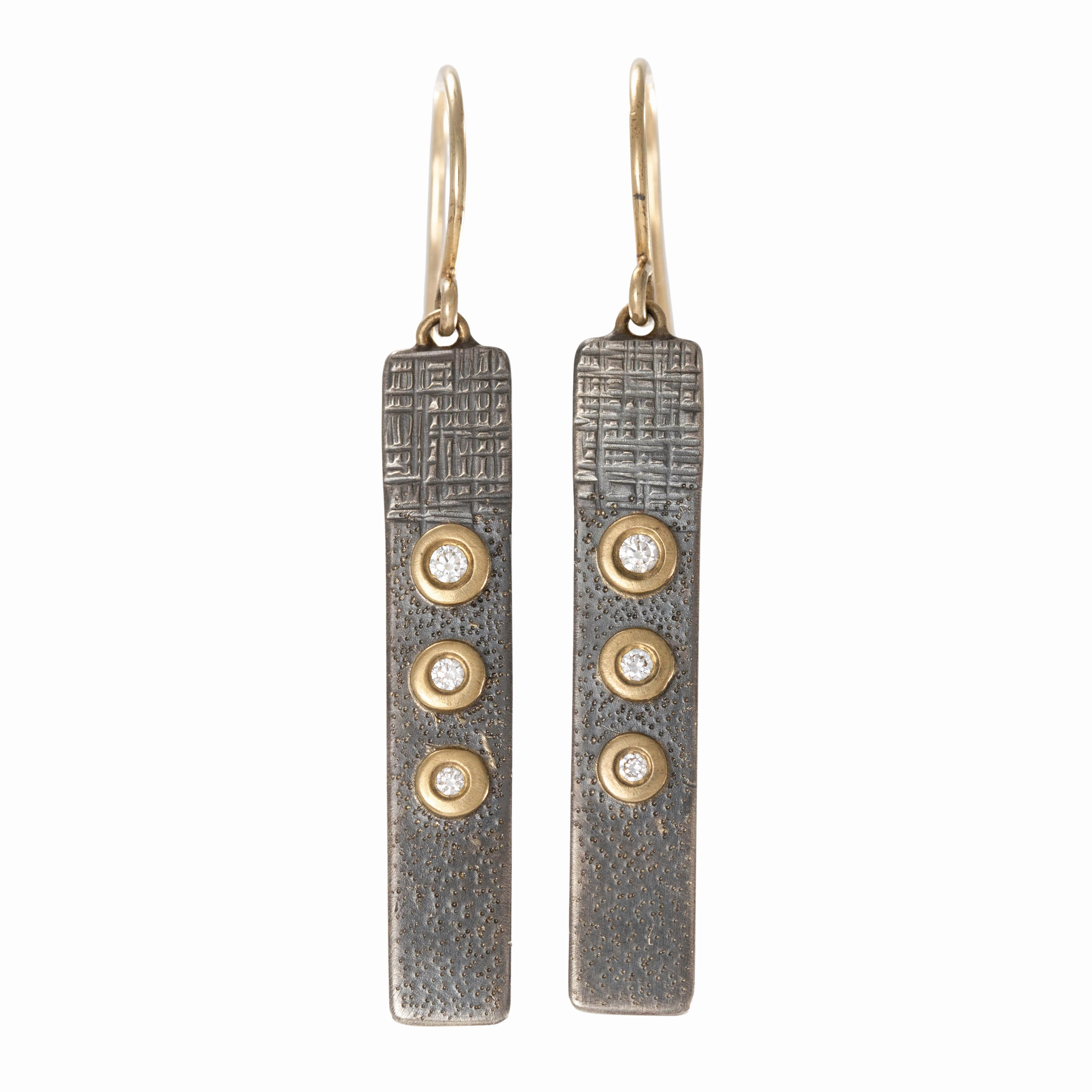 Sunnyside Diamond Earrings - 18k/14k Gold, Oxidized Silver,   VS White Diamonds Sturdy Detail Substantial Adornment