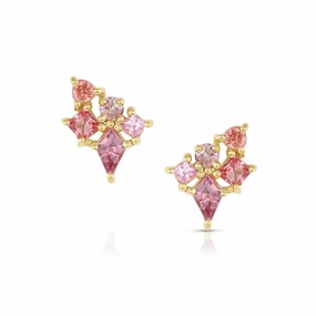 Premium Option Sunset Cluster Earrings - 18ky Gold, Pink & Orange Sapphires, Malaya Garnets   Pink Diamonds