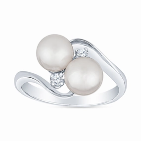 Sparkling Style Impeccable Cut Swirl Bypass Two Stone Akoya Cultured Pearl and Diamond Ring