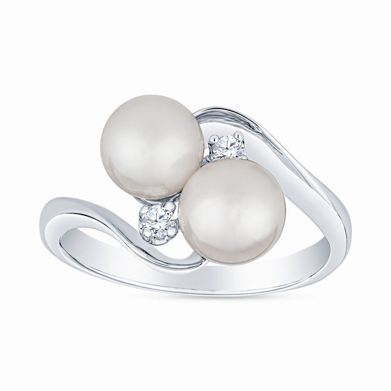 Sparkling Style Impeccable Cut Swirl Bypass Two Stone Akoya Cultured Pearl and Diamond Ring
