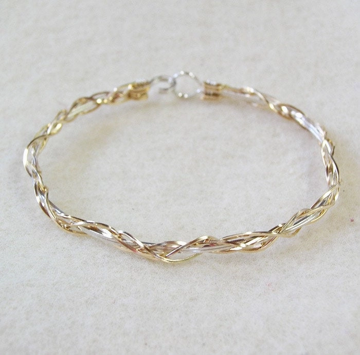 Welcoming Style Thin Two-Tone Grapevine Gold Over Silver Wire Wrapped Bracelet