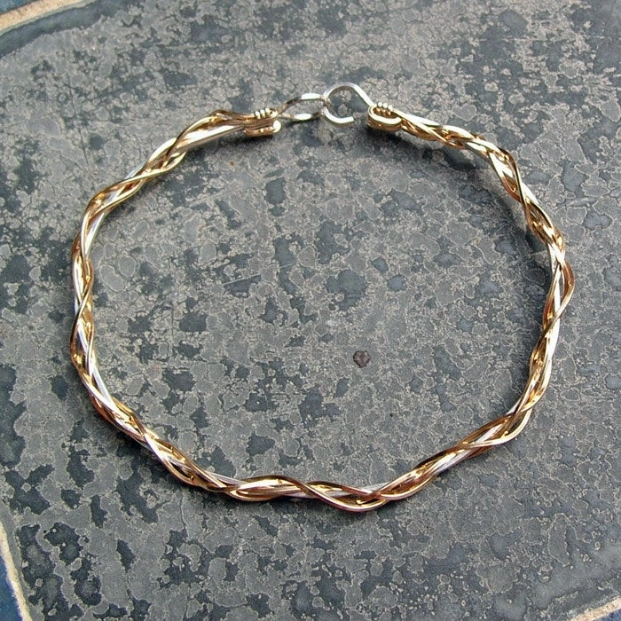 Evergreen style Polished Finishes Thin Two-Tone Grapevine Gold Over Silver Wire Wrapped Bracelet