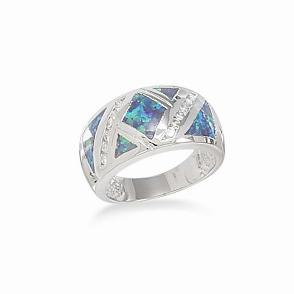 Synthetic Blue Opal Band Ring Cubic Zirconia Accents Sizes 6-9 Sterling Silver Evening Spark