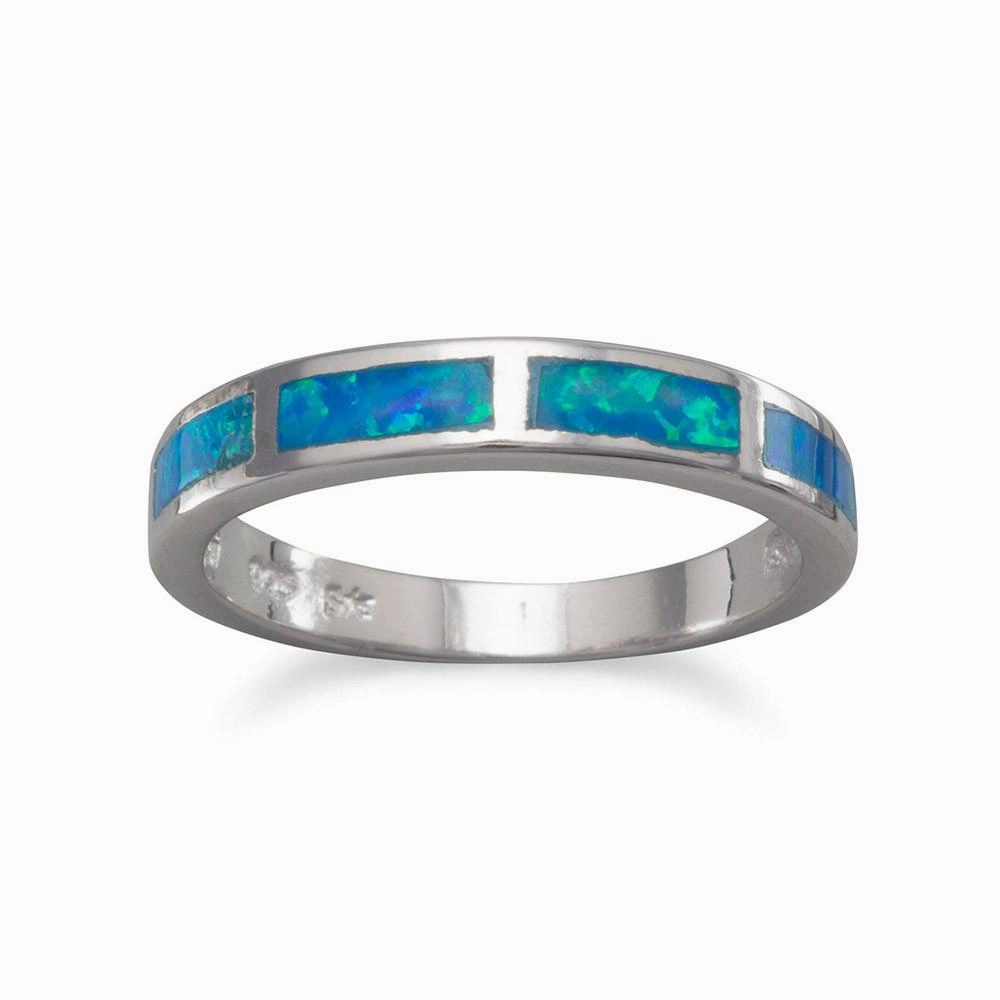 Synthetic Blue Opal Band Ring Inlaid Synthetic Stone Polished Finish 3mm Wide All Purpose Gift Clean Sparkle