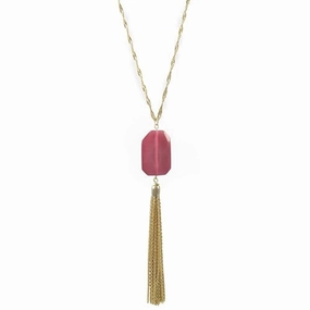 Tassel Necklace with Fuschia Synthetic Opal and Twist Chain Gold Plated Extra Long Length Unique Look Luxury Design Pieces