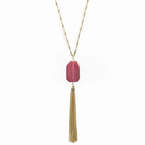 Tassel Necklace with Fuschia Synthetic Opal and Twist Chain Gold Plated Extra Long Length Unique Look Luxury Design Pieces