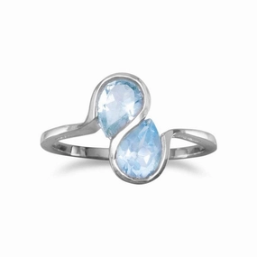 Elegant Detail Brilliant Object Teardrop Blue Topaz Ring Wavy S Design Band 2-stone Sterling Silver