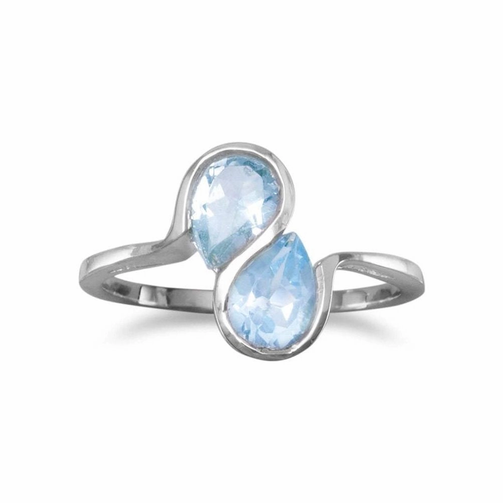 Elegant Detail Brilliant Object Teardrop Blue Topaz Ring Wavy S Design Band 2-stone Sterling Silver