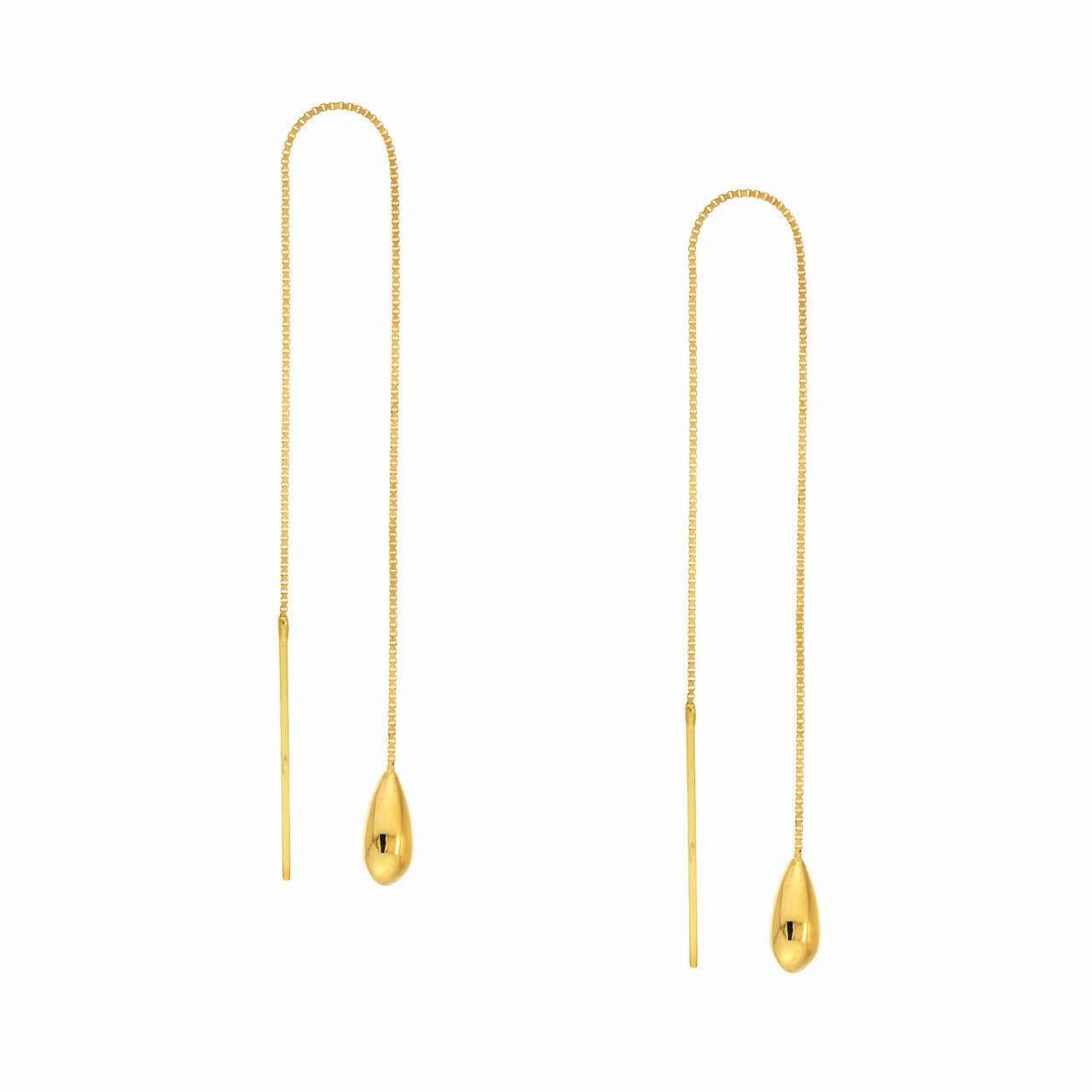 Threader Earrings 14K Yellow Gold Polished Teardrop and Bar with Box Chain Exquisite Edge Enchanted Detail