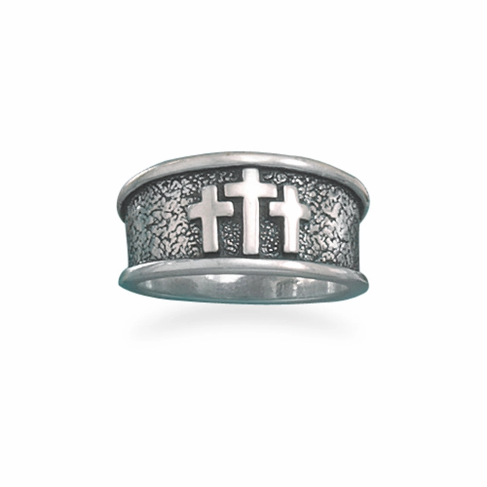 Three Cross Ring Antiqued Sterling Silver Tapered Band - Made in the USA Lightweight Work Ensemble Collection