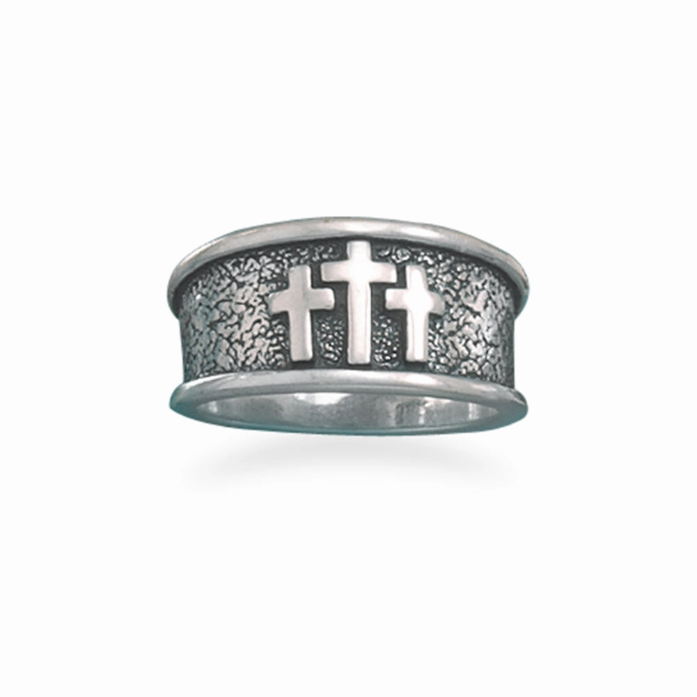 Three Cross Ring Antiqued Sterling Silver Tapered Band - Made in the USA Ornate Keepsake Fashion Focus