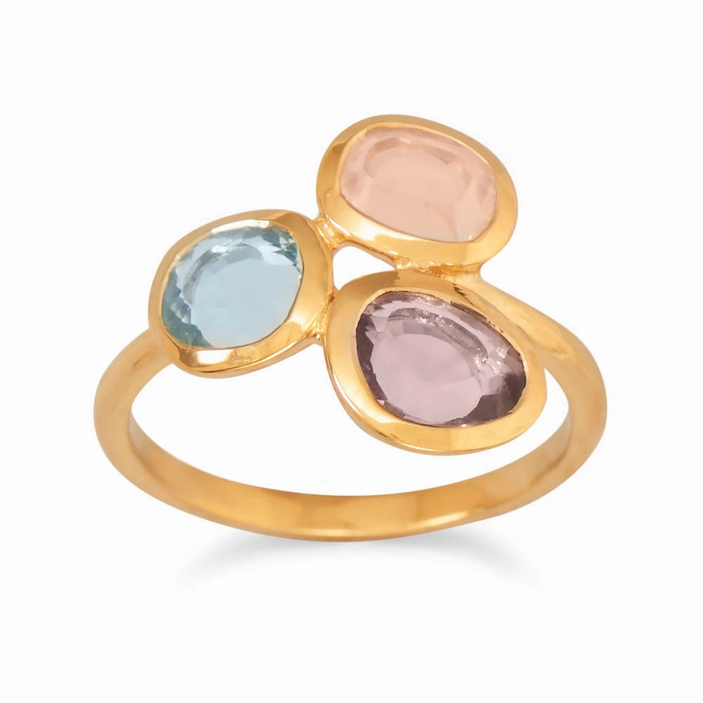 Three stone Amethyst Rose Quartz and Blue Topaz Ring Gold-plated Sterling Silver Contemporary Use Low-Cost Craft