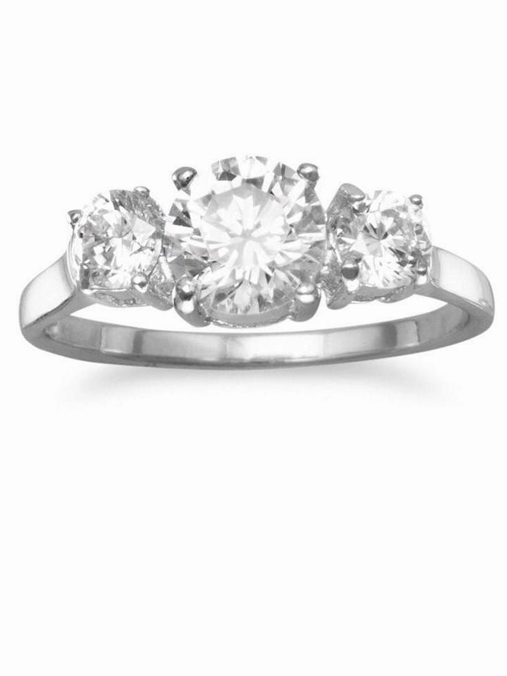 Hypoallergenic Work Creative Genius Three Stone Cubic Zirconia Ring Rhodium on Sterling Silver - Nontarnish