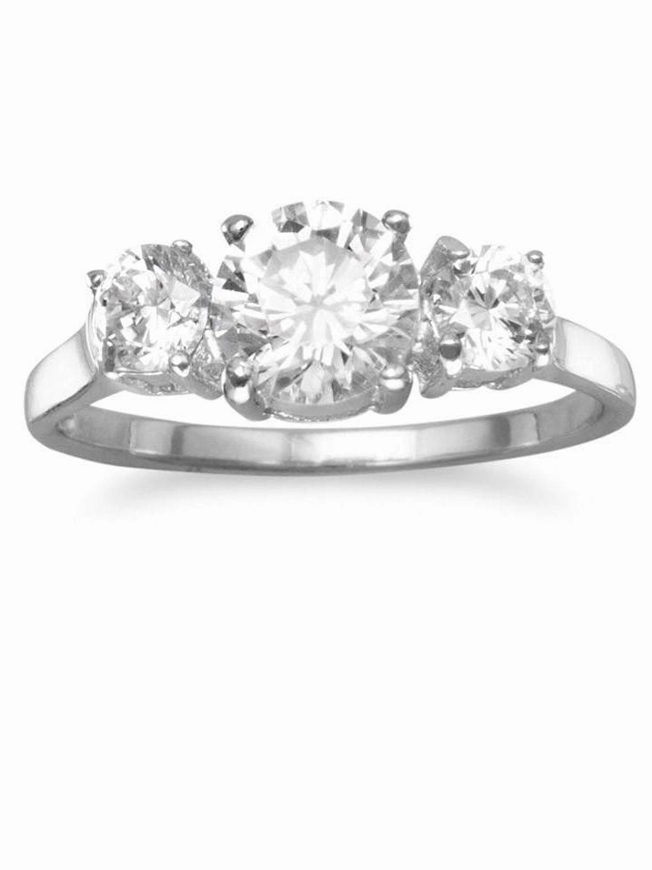 Three Stone Cubic Zirconia Ring Rhodium on Sterling Silver - Nontarnish Glam Appeal
