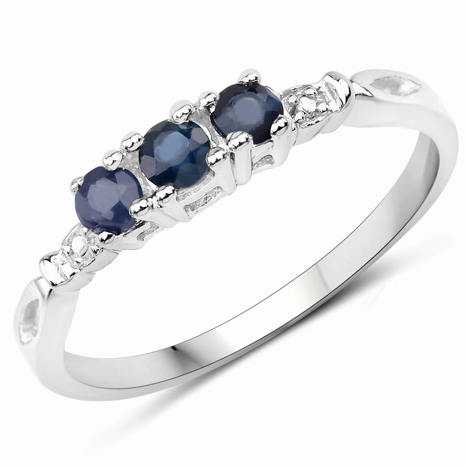 Branded Piece Convenient Appearance Three-stone Genuine Sapphire Ring Rhodium on Silver September Birthstone, size 6