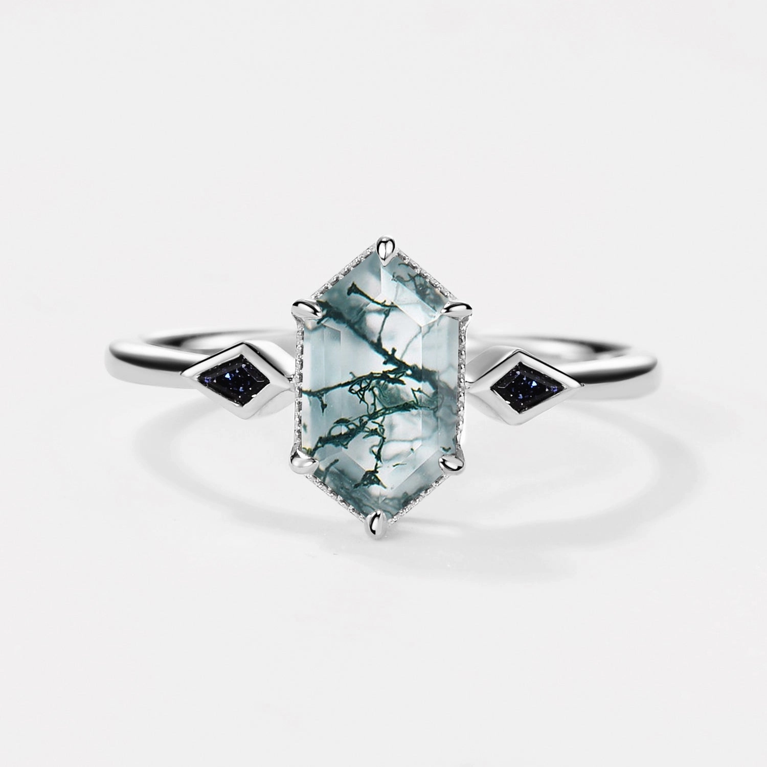 Color Accent Three Stone Hexagon Moss Agate & Kite Blue Sandstone Engagement Ring