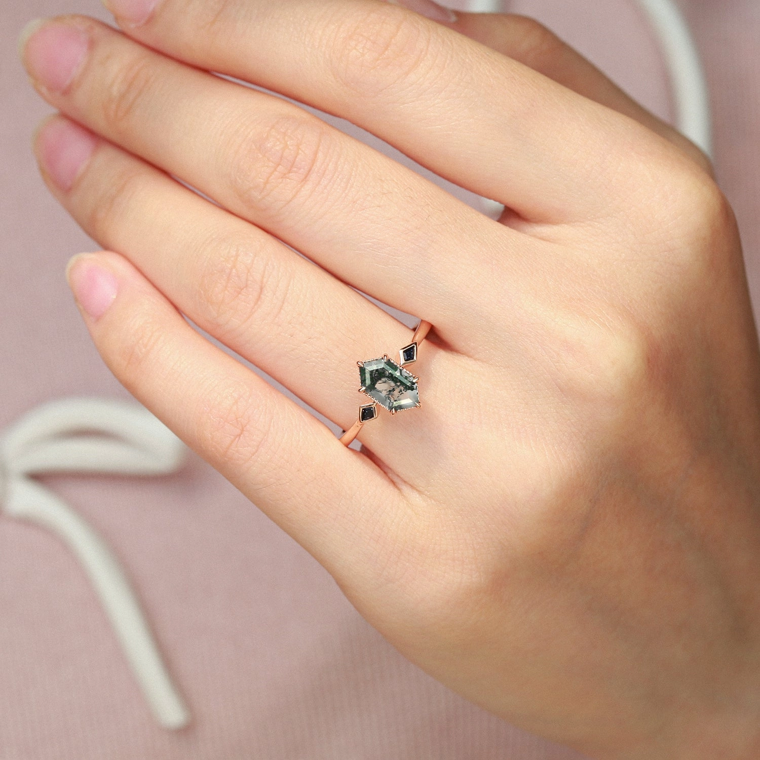 Three Stone Hexagon Moss Agate & Kite Blue Sandstone Engagement Ring Evening Detail Versatile Craft