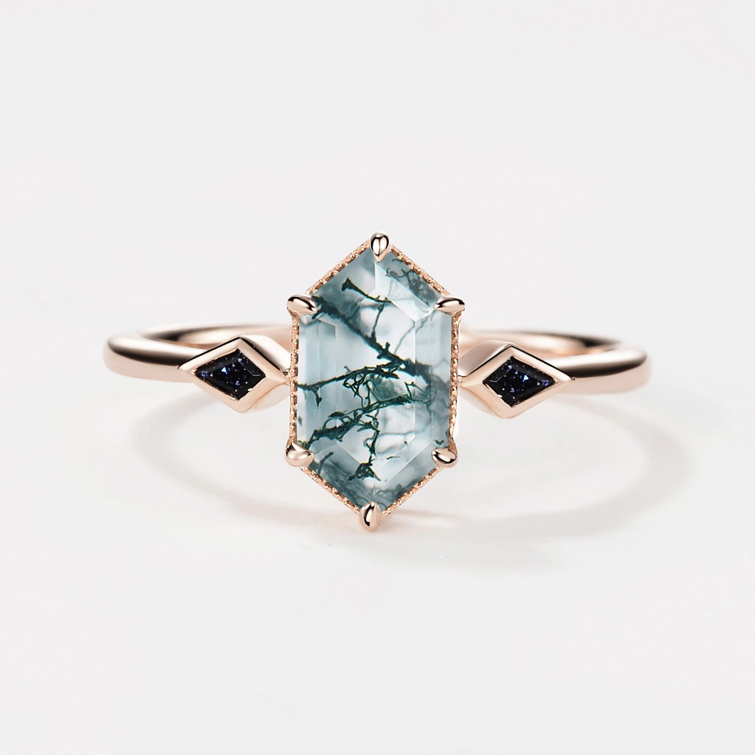 Fresh Elements Three Stone Hexagon Moss Agate & Kite Blue Sandstone Engagement Ring