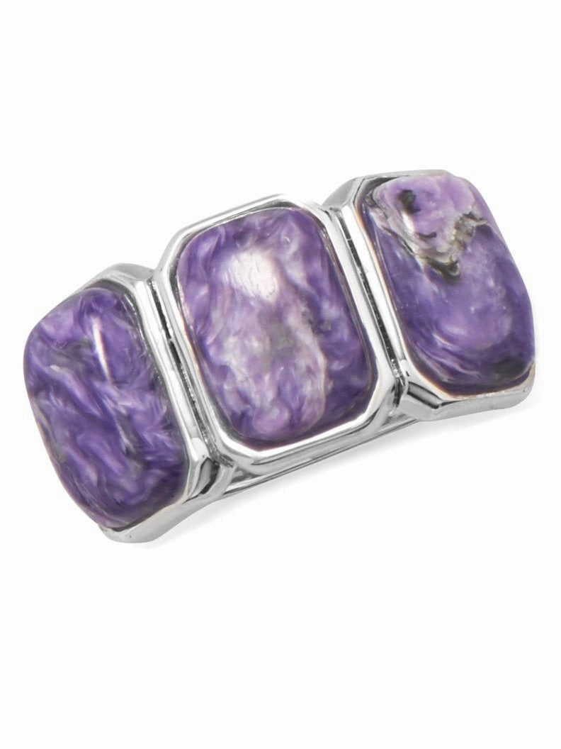 Brilliant Expression Minimal Form Three Stone Purple Charoite Wide Band Ring Sterling Silver