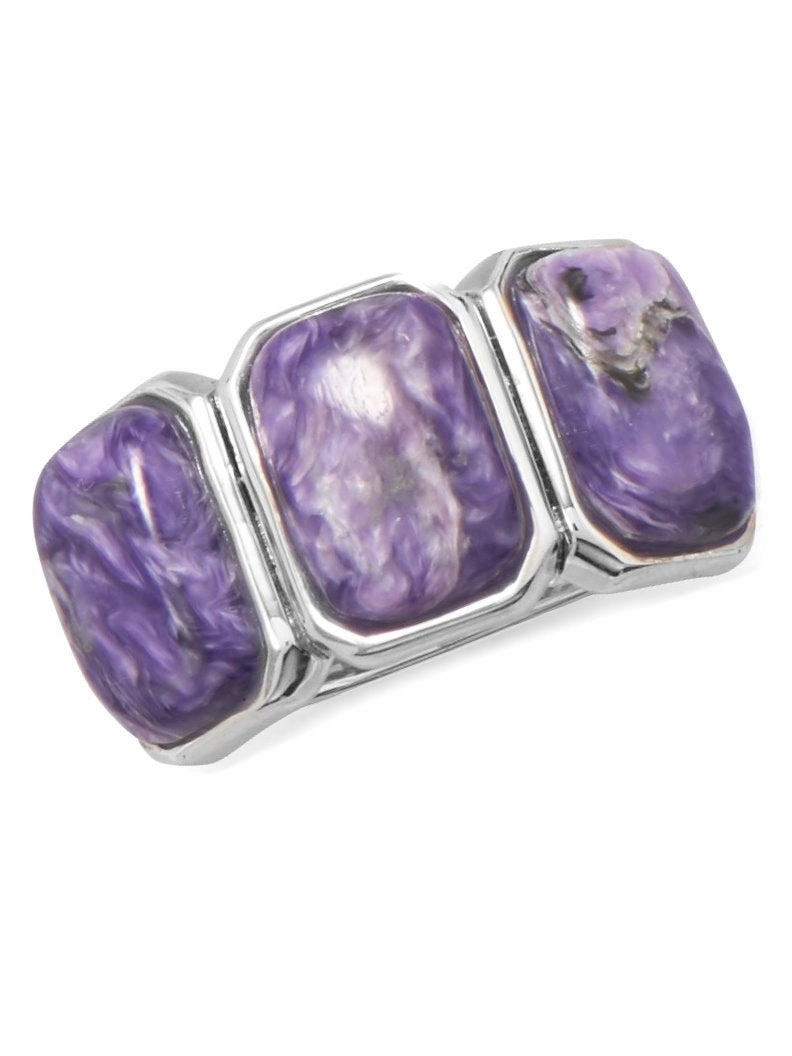 Polished Present Three Stone Purple Charoite Wide Band Ring Sterling Silver