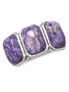 Three Stone Purple Charoite Wide Band Ring Sterling Silver Handcrafted Article