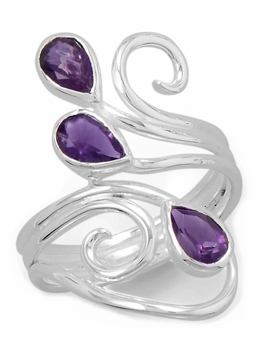 Affordable Jewelry Three-stone Teardrop Amethyst Ring Swirl Scroll Design Sterling Silver
