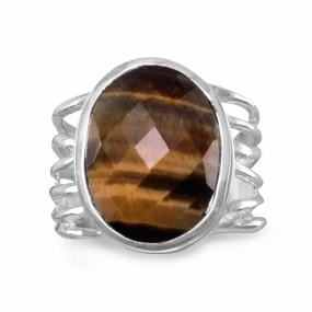 Tiger Eye Faceted Oval Multilayer Band Sterling Silver Ring Modern Decoration Dramatic Gift