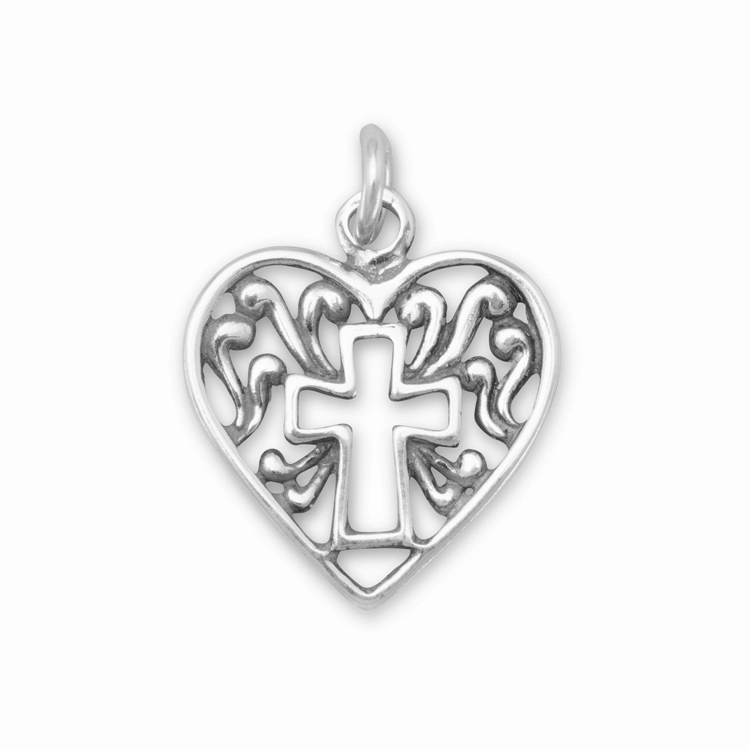 Heart Cross Filigree Charm Pendant Sterling Silver Antique Finish, Pendant Only Shimmer Mood Classic Lines