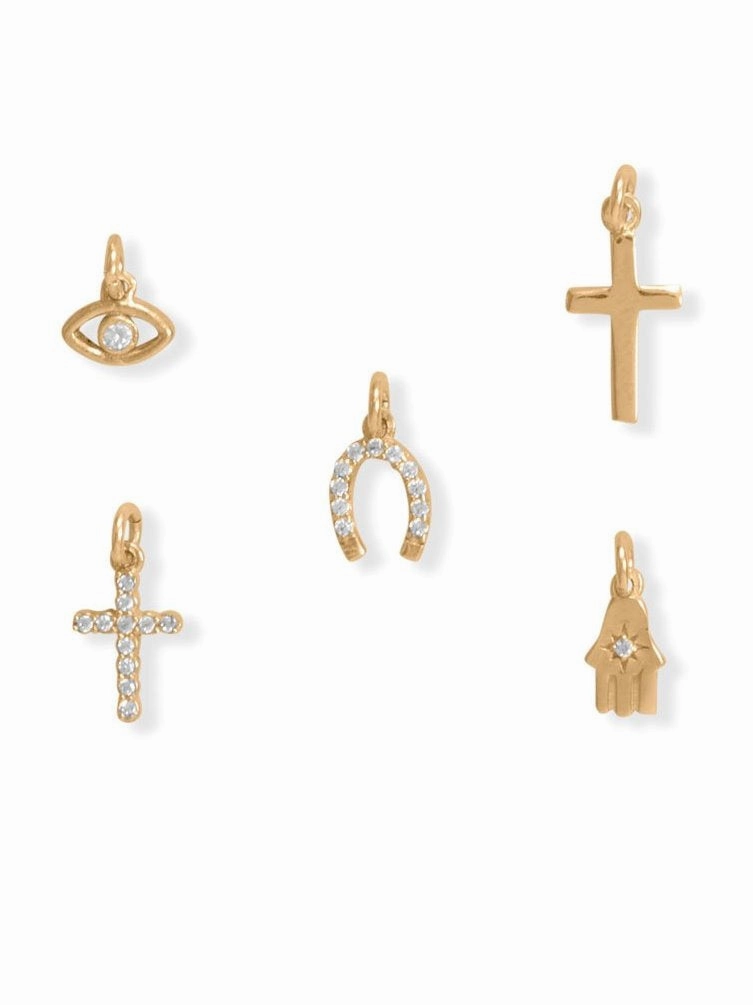 Set of Five Charms Cross, Wishbone, Evil Eye, Horseshoe, and Hamsa Shimmering Craft Fresh Light