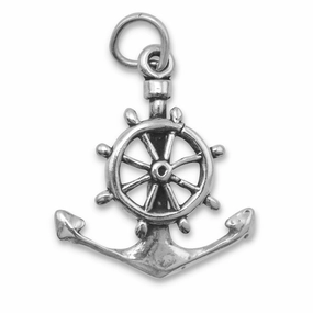 Ships Wheel Helm with Anchor Mariners Cross Charm Sterling Silver Wedding guest