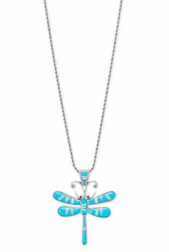 Signature Form Glam Ready Handmade Sterling Silver Dragonfly Necklace with Reconstituted Turquoise and Synthetic Opal Inlay on Rope Chain