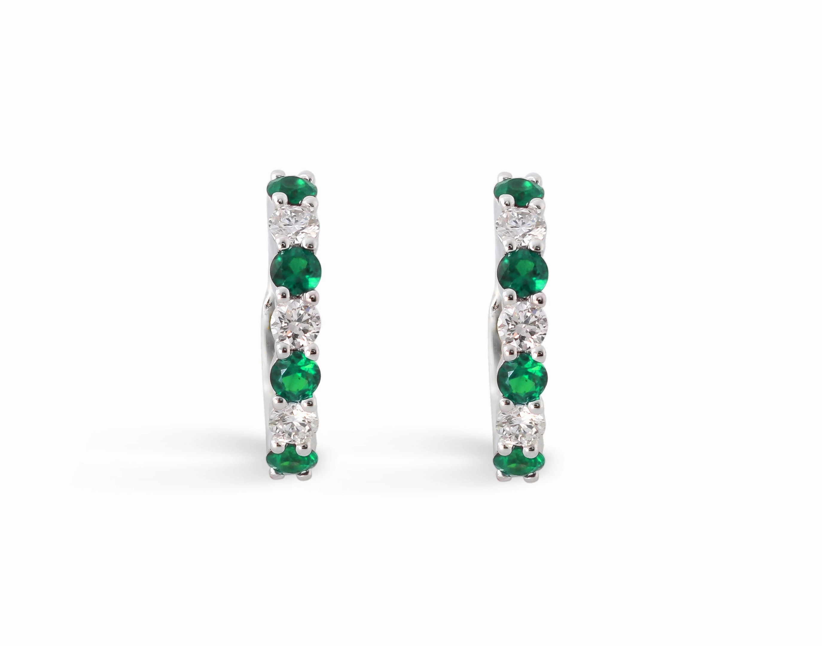 Shiny Ornament Round Shape Emerald and Diamond Huggie Earrings in 14K White Gold (.83ctw)