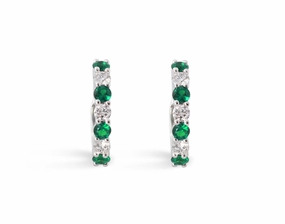Shiny Ornament Round Shape Emerald and Diamond Huggie Earrings in 14K White Gold (.83ctw)