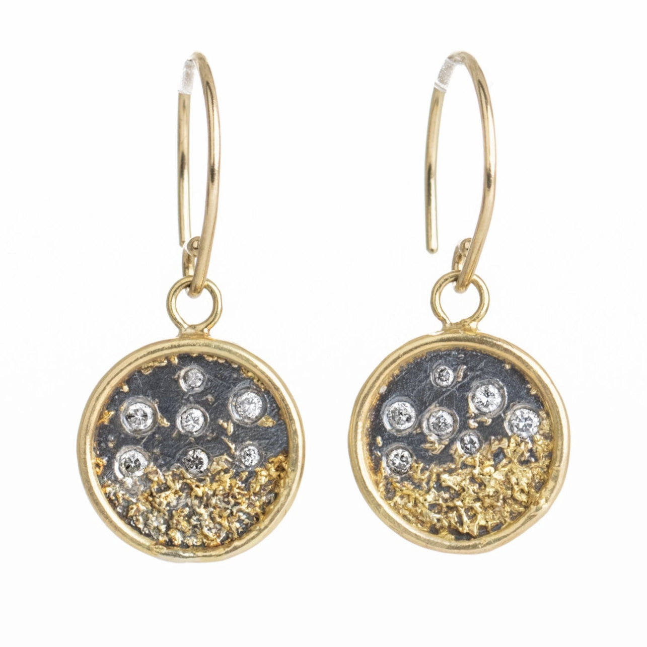 Large Piece Round Jewelry Traveler's Coin Drop Earrings - 22ky/18k/14ky Gold, Oxidized Silver and Natural Salt   Pepper Diamonds
