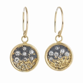 Large Piece Round Jewelry Traveler's Coin Drop Earrings - 22ky/18k/14ky Gold, Oxidized Silver and Natural Salt   Pepper Diamonds