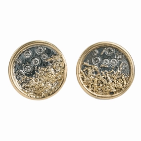 Vintage Vibe Traveler's Coin Studs - 22k/18k/14ky Gold, Oxidized Silver and Natural Salt   Pepper Diamonds