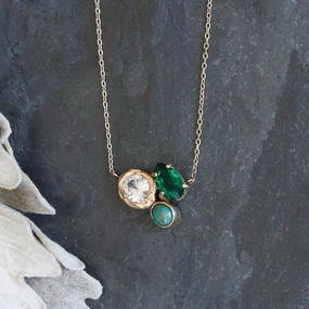 Treasure Trove Pendant - 14k Gold, White Sapphire, Emerald   Turquoise Modern Statement