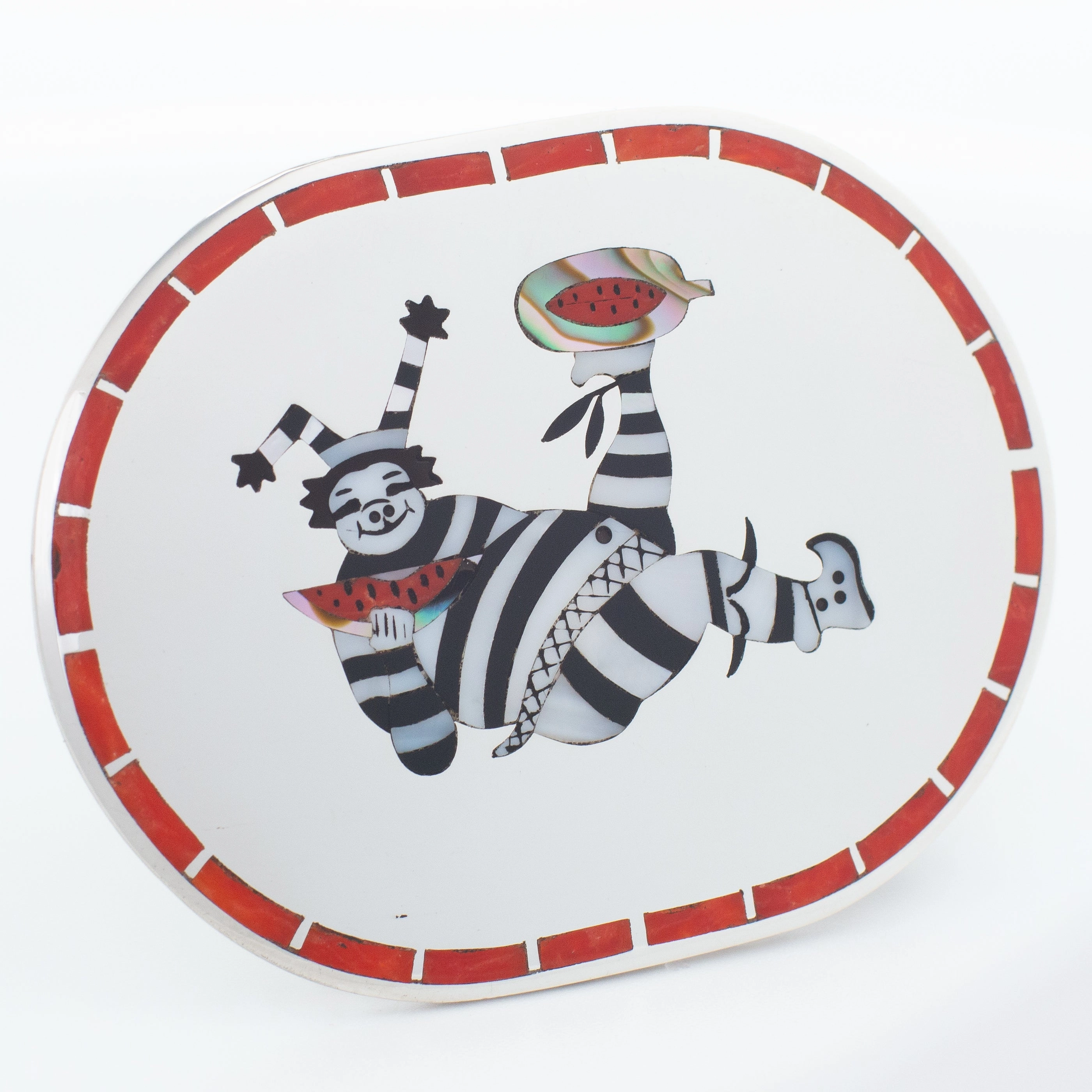 Polished Mood Dennis Edaakie Zuni Handmade Sterling Silver Koshare Clown Inlay Belt Buckle