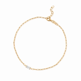 Paperclip Chain Anklet with Baguette Cubic Zirconia Gold-plated Adjustable Length, 11 Sleek Edge Shiny Features