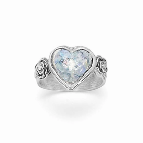 Ancient Roman Glass Ring Heart and Flower Design Sterling Silver Lightweight Decoration