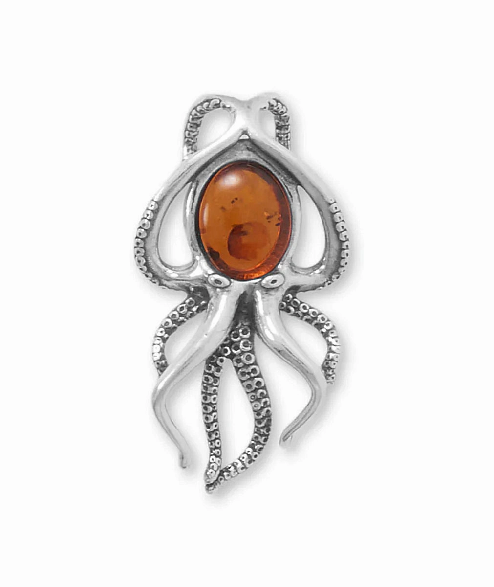 Octopus Pendant Slide with Genuine Baltic Amber Sterling Silver Alluring Charm