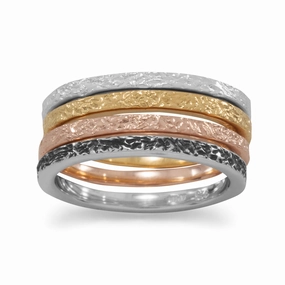 Luxury Accent Stacking Band Ring Set of 4 Rings Gold-plated and Sterling Silver Tri-tone
