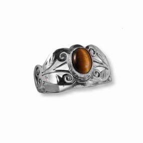 Tiger Eye Sterling Silver Scroll Design Ring Shiny Article