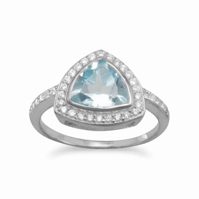 Triangle Blue Topaz Ring Sterling Silver  Cubic Zirconia Halo and Side Stones Custom Jewelry